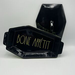 New Rae Dunn BONE APPETIT Black Coffin Baking Dish w/Lid Halloween Vampire Décor